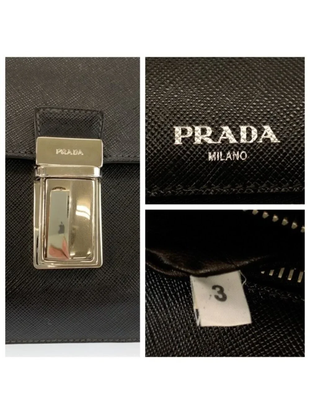 Prada Saffiano Black Silver Leather Clutch